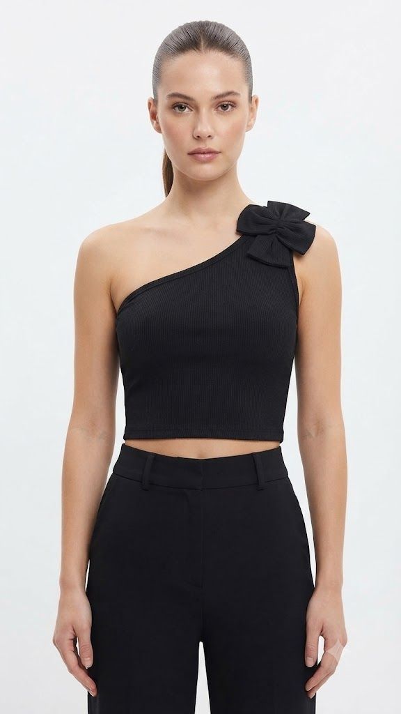 Bow One-Shoulder Ribbed Crop Top